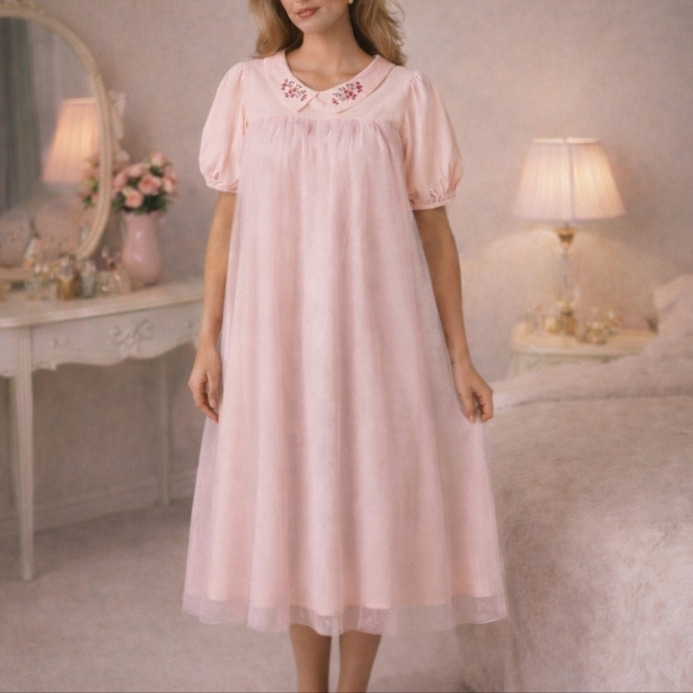 Shabby Chic Babydoll Cottagecore Fairycore Tulle Overlay Midi Loungewear Dress